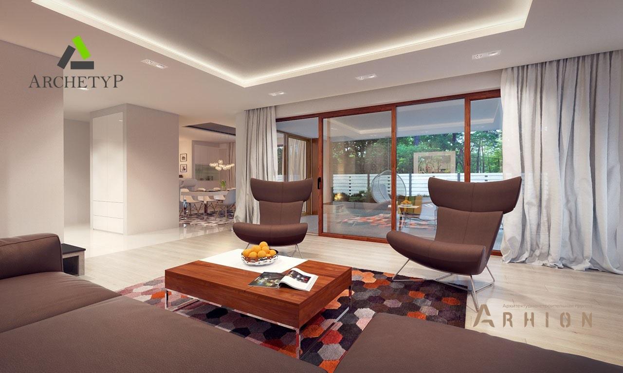 2. Проект одноэтажного дома в современном стиле с плоской кровлей , R-14-51, площадью - 223 кв c мансардой, терассой, гаражом